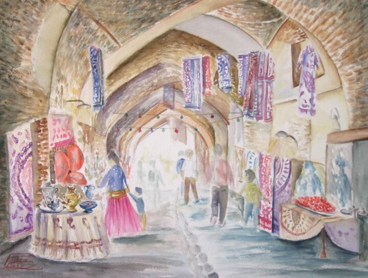 Painting titled "bazar de Shiraz" by Farnaz Pishro, Original Artwork, Watercolor