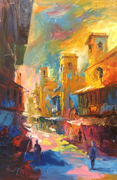 Painting titled "Chronic bazaar of t…" by Farooqi, Original Artwork, Oil