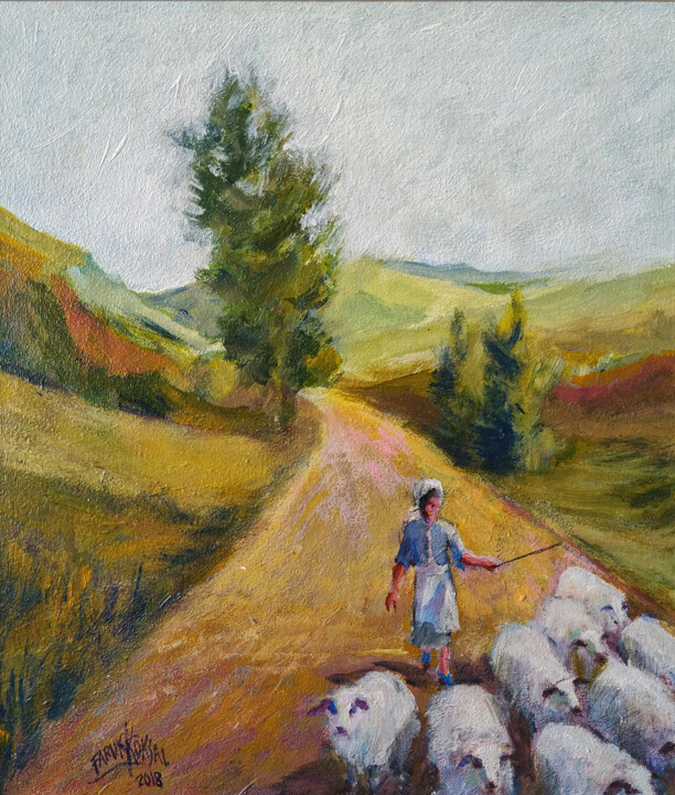 Painting titled "Shepherd girl" by Faruk Köksal, Original Artwork, Acrylic Mounted on Wood Stretcher frame