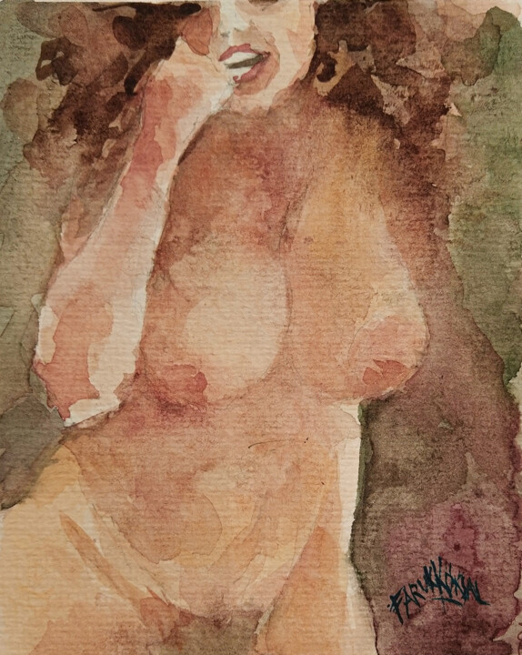 Painting titled "Shy girl" by Faruk Köksal, Original Artwork, Watercolor