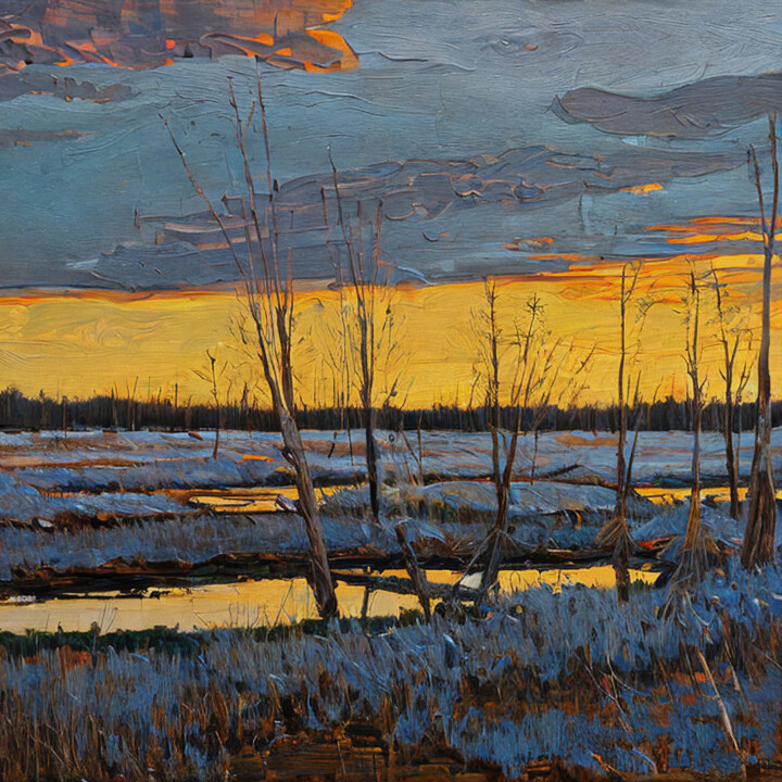 Digital Arts titled "SUNSET WETLAND" by Faruk Soyarat, Original Artwork, Oil