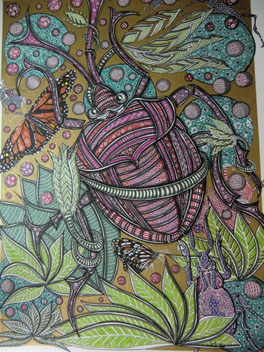 Dessin intitulée "scarabee-violet.jpg" par Fatiha El Hadi, Œuvre d'art originale, Encre