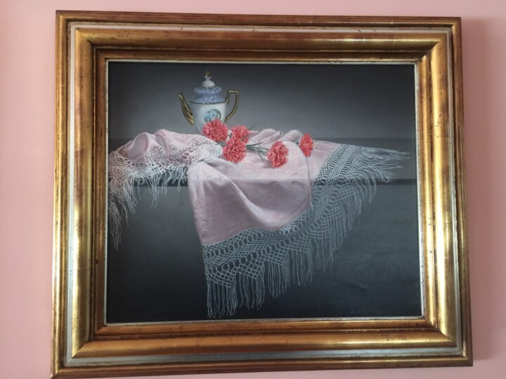 Malerei mit dem Titel "Mantel rosa, clavel…" von Fatima Slu, Original-Kunstwerk