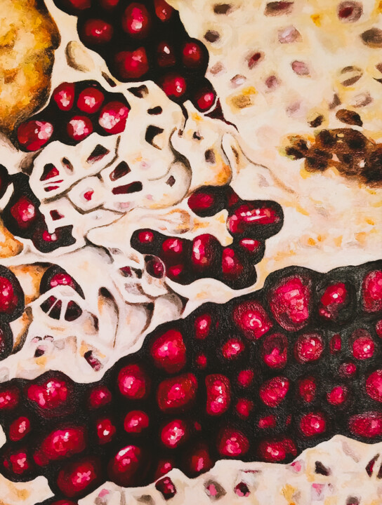 Painting titled "Pomegranate VII" by Faustina, Original Artwork, Oil Mounted on Wood Stretcher frame