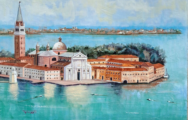 Painting titled "isola di san giorgio" by Fausto Dipinti, Original Artwork, Oil Mounted on Wood Stretcher frame