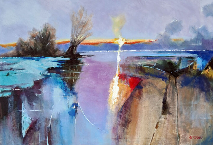 Painting titled "Tramonto in Barena" by Fausto Dipinti, Original Artwork, Oil Mounted on Wood Stretcher frame