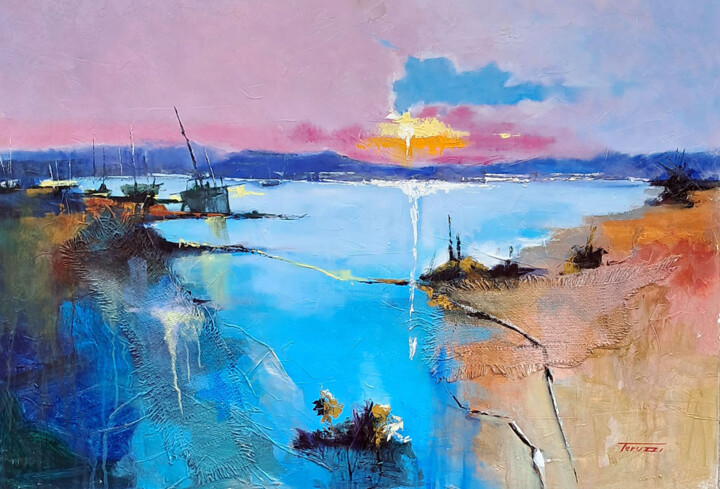 Painting titled "Tramonto al porto" by Fausto Dipinti, Original Artwork, Oil Mounted on Wood Stretcher frame