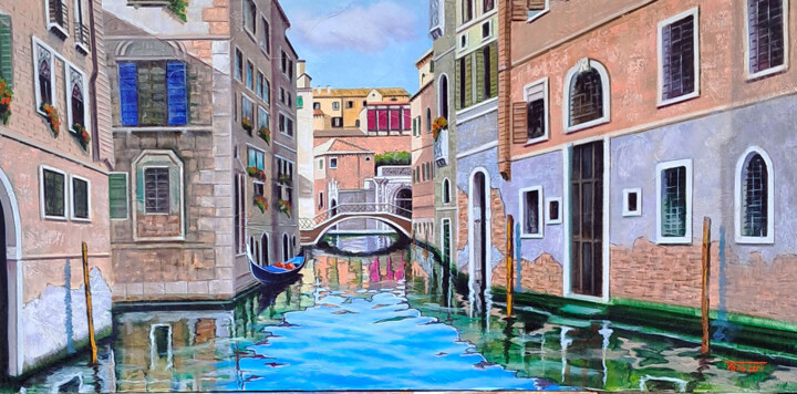 Painting titled "Rio veneziano" by Fausto Dipinti, Original Artwork, Oil Mounted on Wood Stretcher frame