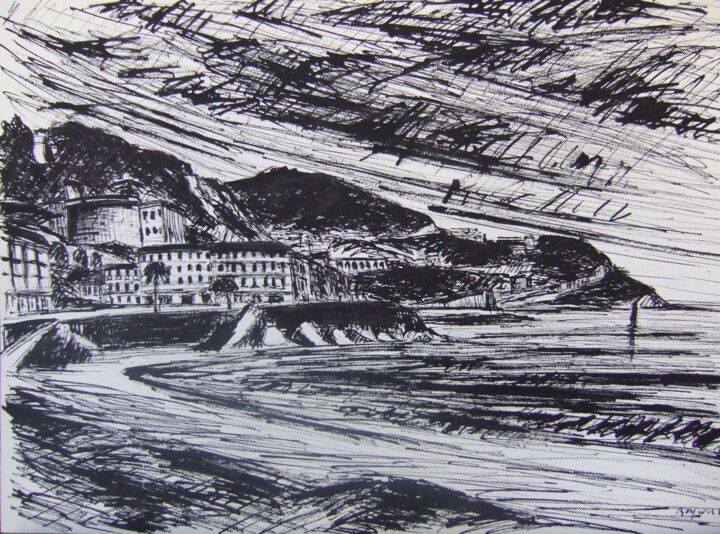 Drawing titled "nice le mont boron,…" by Fayssal Beyrouti, Original Artwork, Ink Mounted on Cardboard