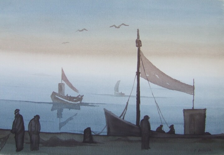 Pintura intitulada "marins à quai" por Fayssal Beyrouti, Obras de arte originais, Aquarela Montado em Cartão