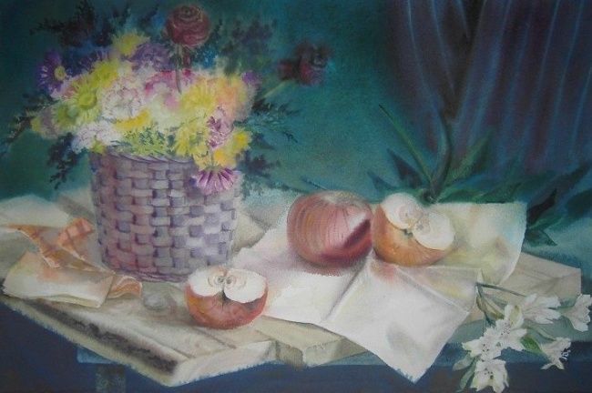 Картина под названием "Цветы и фрукты" - Марина Фазанова, Подлинное произведение искусства, Масло