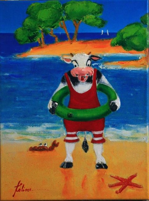 Peinture intitulée "Les vacances de meuh" par Fcéline, Œuvre d'art originale, Autre