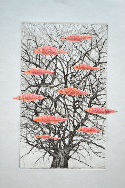 Рисунок под названием "Arbre à poissons" - François Crinel, Подлинное произведение искусства, Цветные карандаши