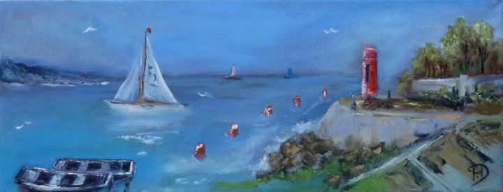 Painting titled "A la sortie du port." by Françoise Daloz-Combe, Original Artwork, Oil Mounted on Wood Stretcher frame