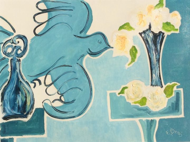 Pintura titulada "colombe au bouquet" por Francis Denis, Obra de arte original, Oleo