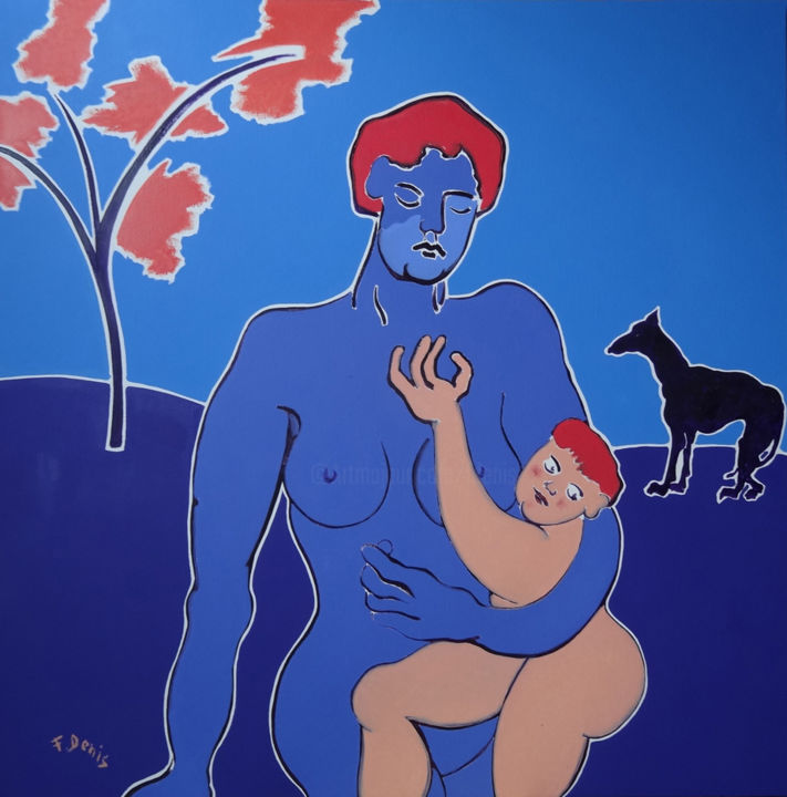 Pintura intitulada "Maternité au chien…" por Francis Denis, Obras de arte originais, Óleo