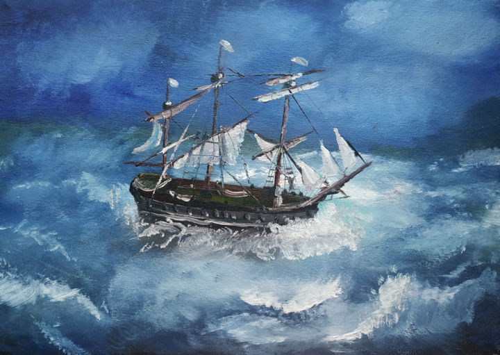Malarstwo zatytułowany „Корабль во время шт…” autorstwa Елизавета Вазэ, Oryginalna praca, Olej
