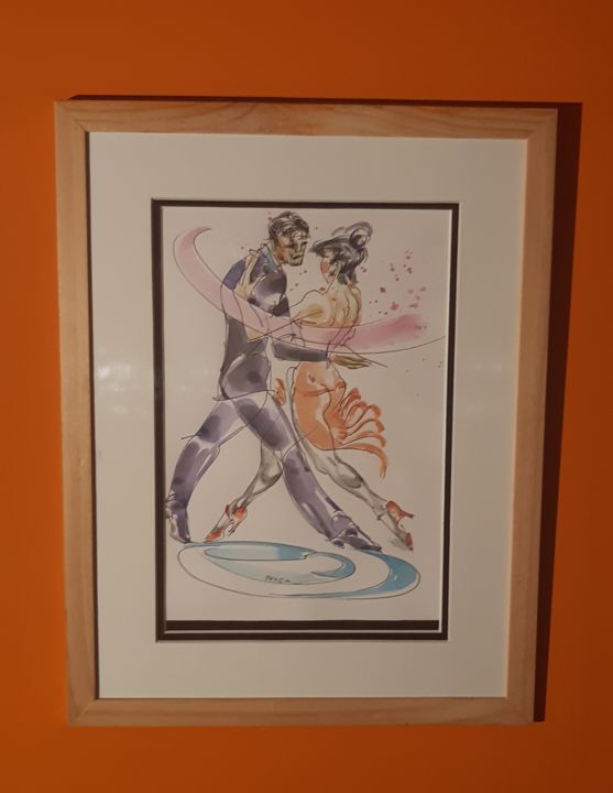 Zeichnungen mit dem Titel "Tango dynamico" von Feder, Original-Kunstwerk, Aquarell