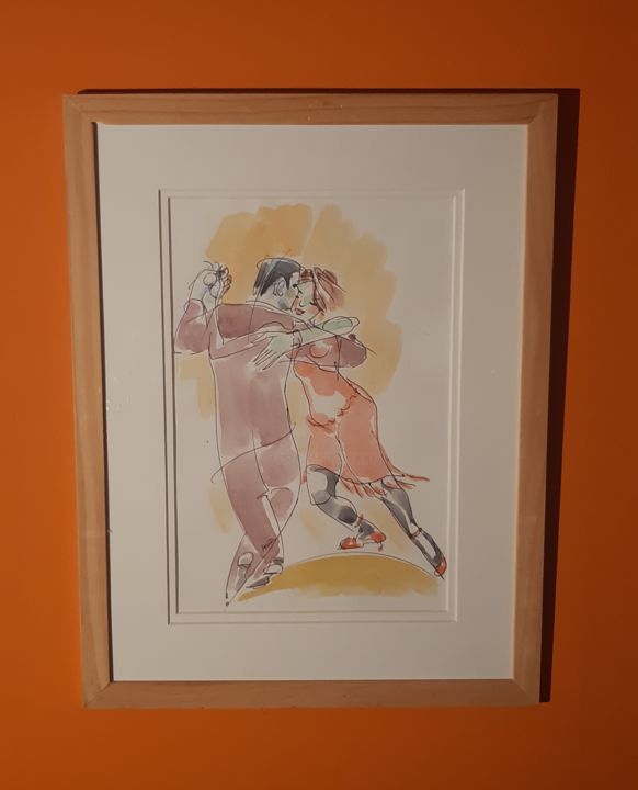 Zeichnungen mit dem Titel "Tango azul" von Feder, Original-Kunstwerk, Aquarell