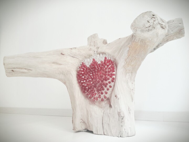 Sculpture titled "CUORE DI FRAGOLA" by Federica Ripani (White Art Lab), Original Artwork, Wood