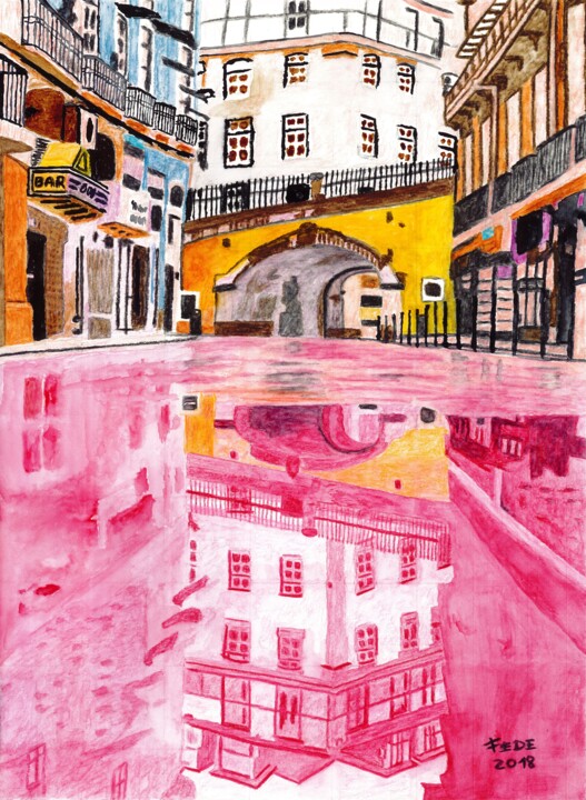 Painting titled "Pink Street" by Federico José Rivas Moreno, Original Artwork, Watercolor