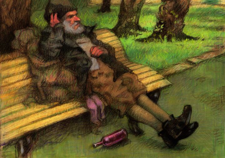 Dibujo titulada "L'homme dans le parc" por Federico Milano, Obra de arte original, Pastel
