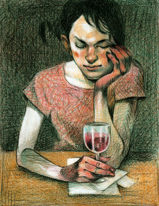 Tekening getiteld "Le vin rouge" door Federico Milano, Origineel Kunstwerk, Potlood