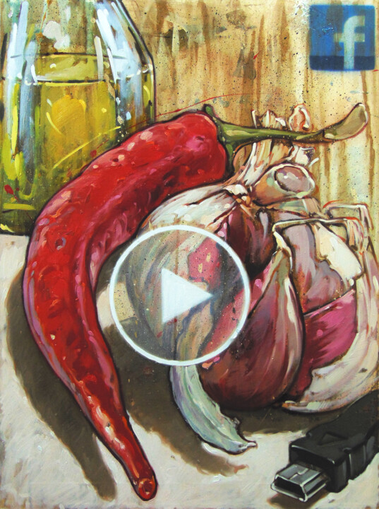 Painting titled "Garlic, oil and chi…" by Federico Pisciotta, Original Artwork, Oil Mounted on Wood Stretcher frame