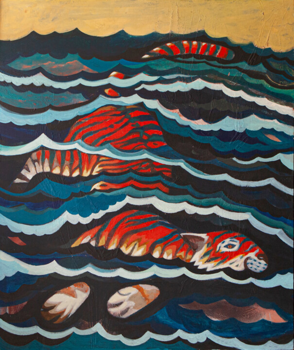 Peinture intitulée "swimming tiger" par Federico Womb, Œuvre d'art originale, Huile