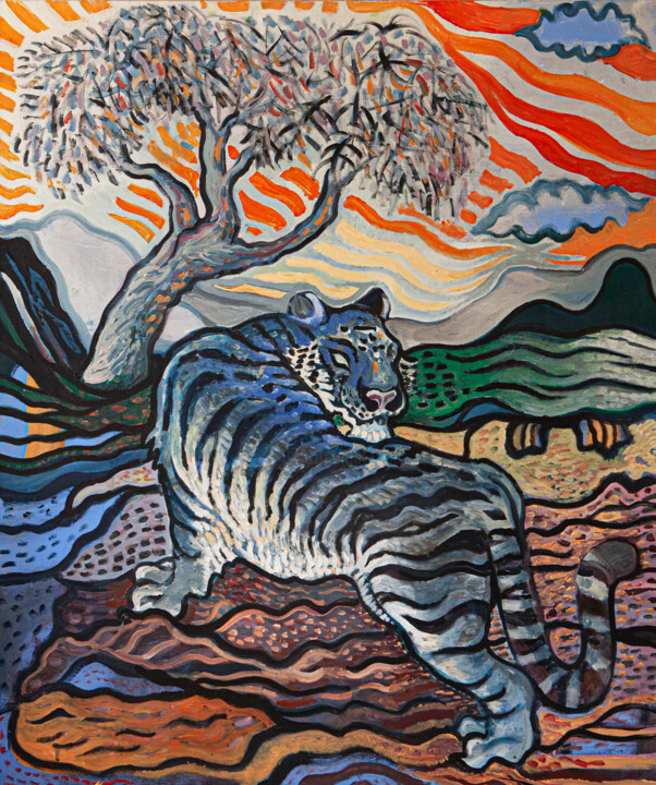 Schilderij getiteld "Blue tiger" door Federico Womb, Origineel Kunstwerk, Olie