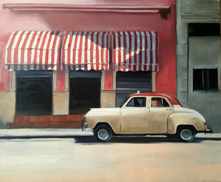 Painting titled "STRIPED AWNINGS" by Federika Di Maggio, Original Artwork, Oil Mounted on Wood Stretcher frame