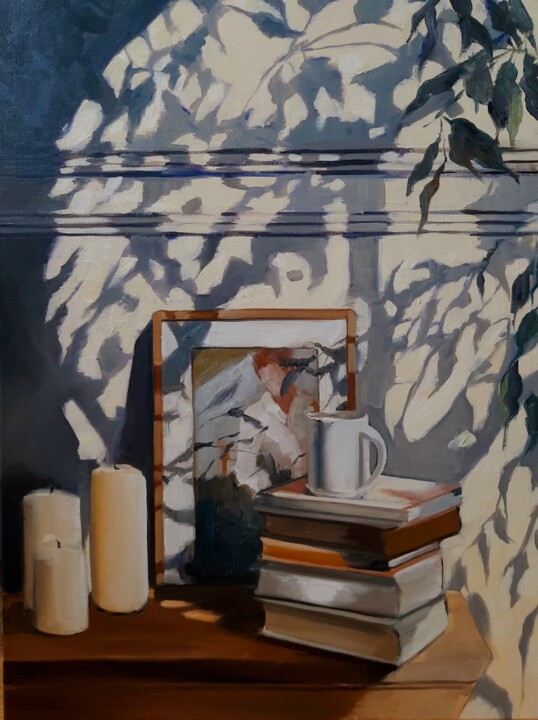 Painting titled "SUR MA CONSOLE" by Federika Di Maggio, Original Artwork, Oil Mounted on Wood Stretcher frame