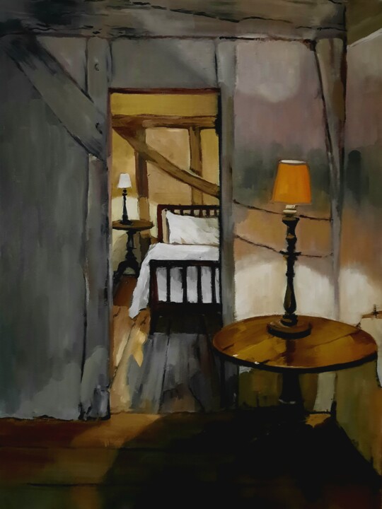 Painting titled "LA CHAMBRE JAUNE" by Federika Di Maggio, Original Artwork, Oil Mounted on Wood Stretcher frame