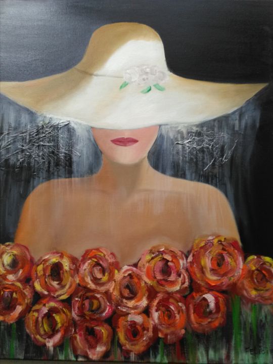 Painting titled "DAME aux fleurs" by Felicia Butel, Original Artwork, Oil Mounted on Wood Stretcher frame