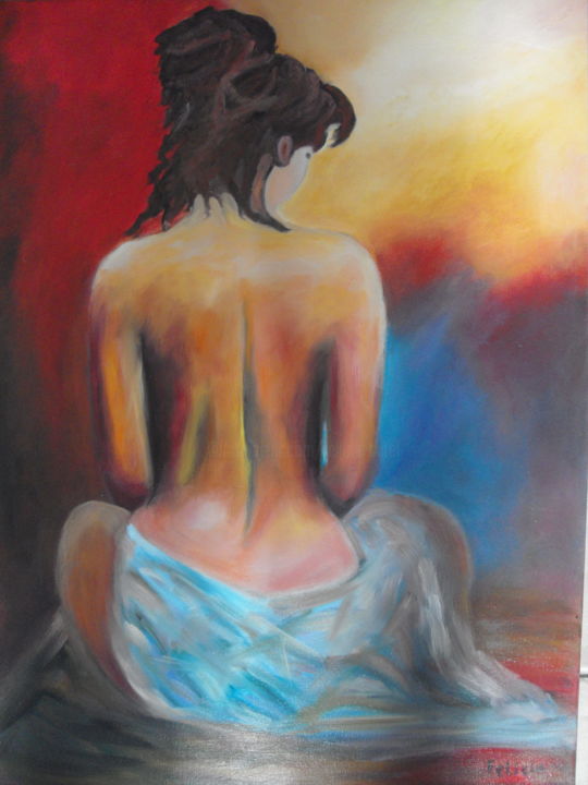 Ζωγραφική με τίτλο "FEMME AU DOS NU" από Felicia Butel, Αυθεντικά έργα τέχνης, Λάδι Τοποθετήθηκε στο Ξύλινο φορείο σκελετό