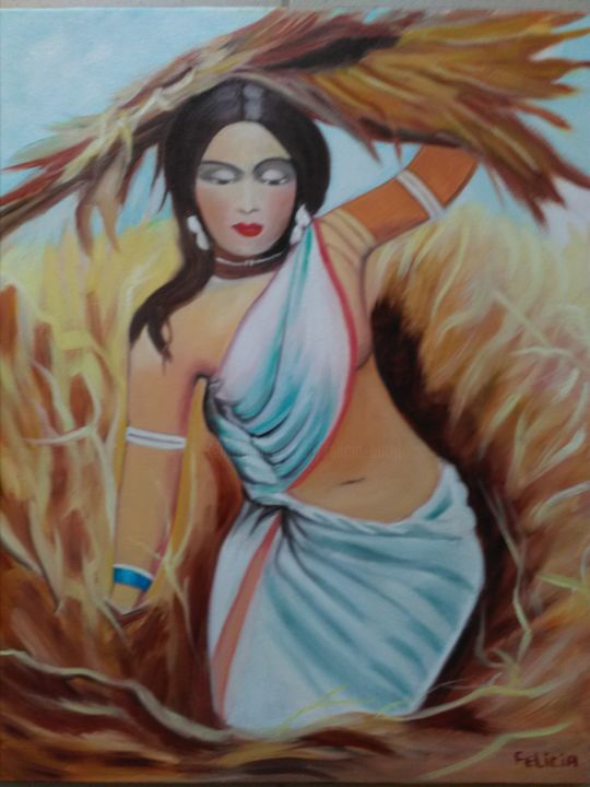 Painting titled "FEMME AUX CHAMPS" by Felicia Butel, Original Artwork, Oil Mounted on Wood Stretcher frame