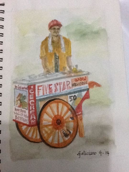 Painting titled "Ice cream Vendor" by Cynthia Feliciano, Original Artwork, Watercolor