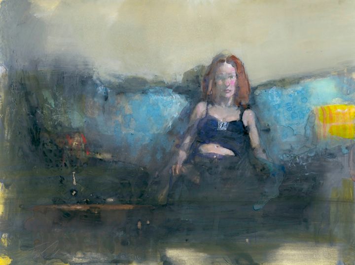 Painting titled "Redhead On Blue Sofa" by Felipe Echevarria, Original Artwork, Gouache