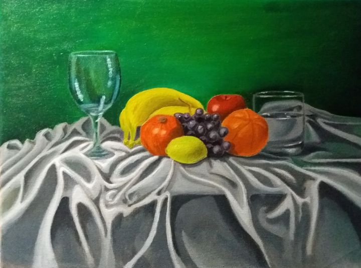 Painting titled "Bodegón de frutas" by Felipe Santiago, Original Artwork, Oil
