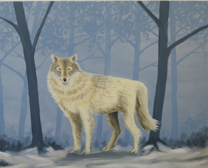 Painting titled "Lobo en el bosque" by Felipe Santiago, Original Artwork, Oil