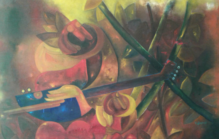 Картина под названием "Mujer tocando instr…" - Felix Lugo, Подлинное произведение искусства, Масло