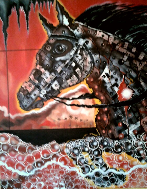 Pintura titulada "Caballo de acero ne…" por Felon, Obra de arte original, Acrílico