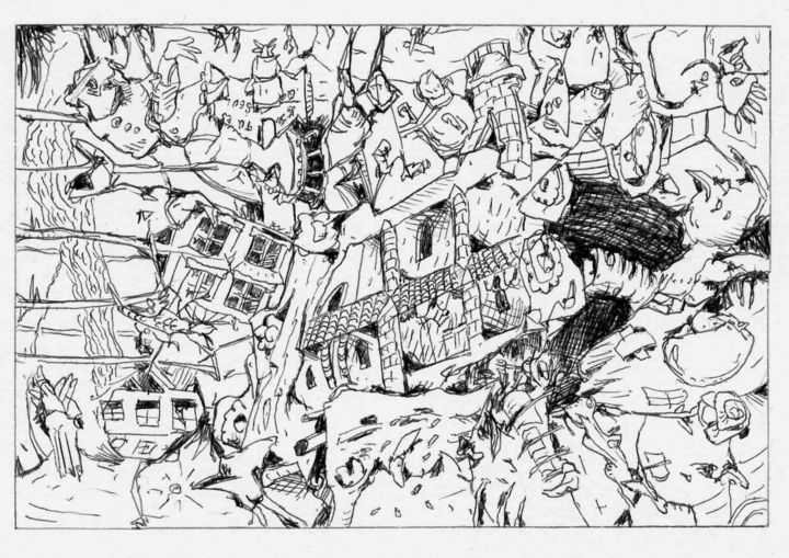 Dessin intitulée "Le grand incendie." par Jean-Bernard Fenouillas, Œuvre d'art originale, Stylo à bille