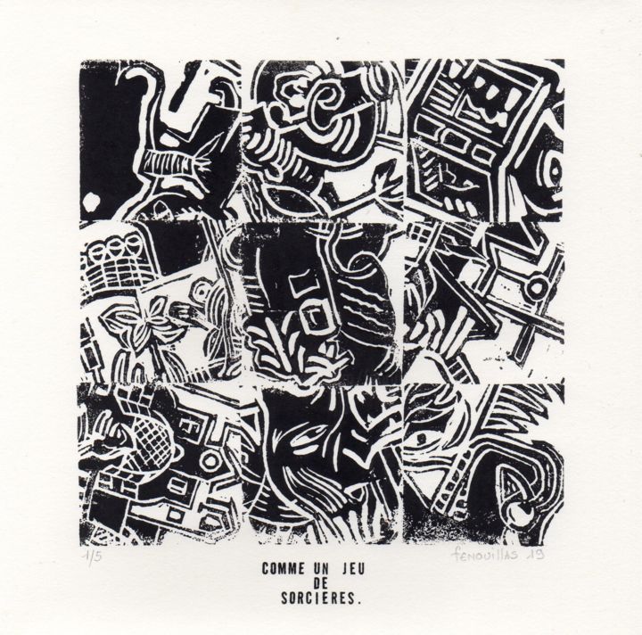 「Comme un jeu de sor…」というタイトルの製版 Jean-Bernard Fenouillasによって, オリジナルのアートワーク, Linocuts
