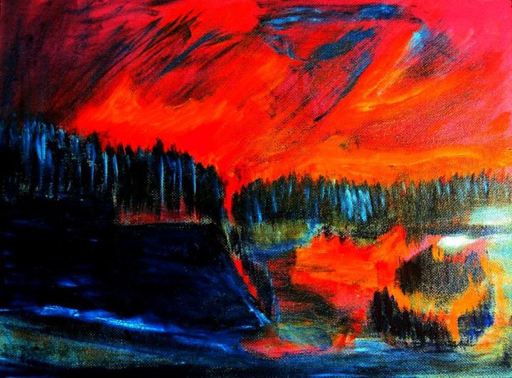 「Закат над Брусовой…」というタイトルの絵画 Irina Dubininaによって, オリジナルのアートワーク, テンペラ