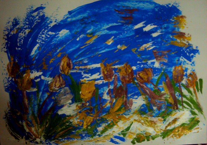Pittura intitolato "Тюльпаны, небо, сне…" da Irina Dubinina, Opera d'arte originale, Tempera