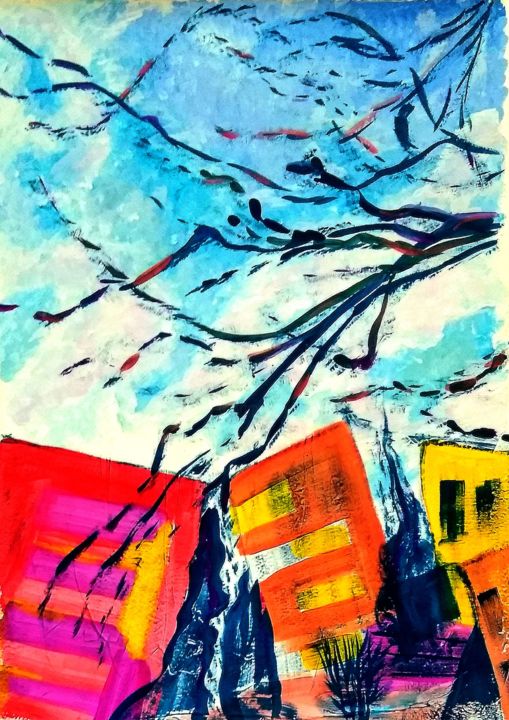 「Городской пейзаж.」というタイトルの絵画 Irina Dubininaによって, オリジナルのアートワーク, グワッシュ水彩画