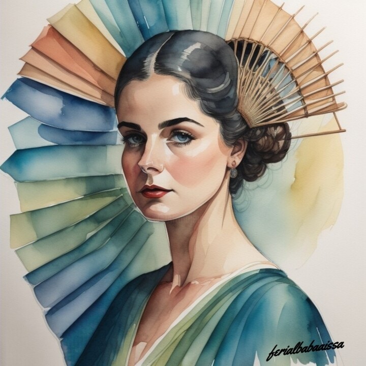 Pintura intitulada "Femme à l'éventail" por Ferial Babaaissa, Obras de arte originais, Aquarela Montado em Cartão