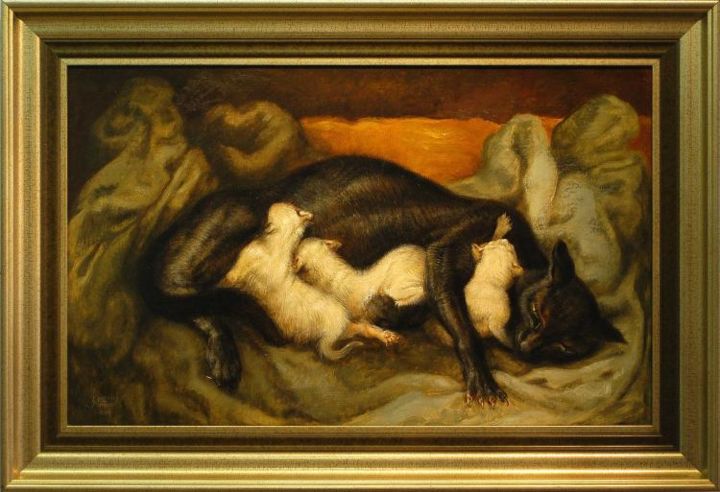 Pittura intitolato "La Chatte Comblée" da Fernand Dresse, Opera d'arte originale