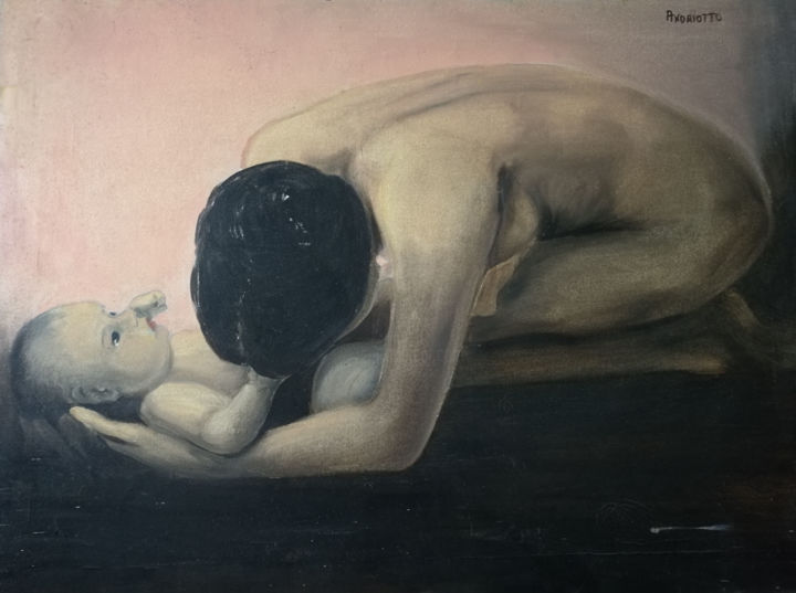 Painting titled "Mamma con bambino -…" by Fernanda Andriotto, Original Artwork, Oil